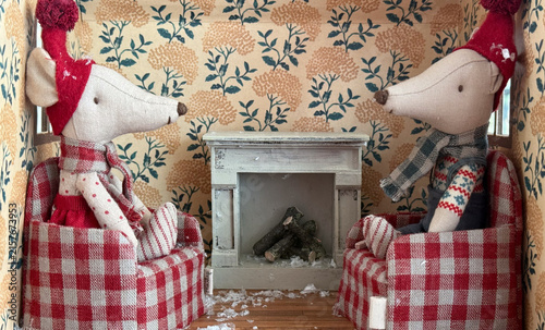 two mice by fireplace, christmas scene, banner space, concept of christmas, holiday.