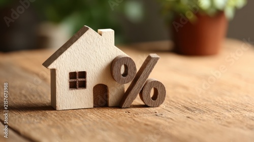 Wooden house with percent symbol, home mortgage interest rate concept on rustic table, real estate finance and loan savings
