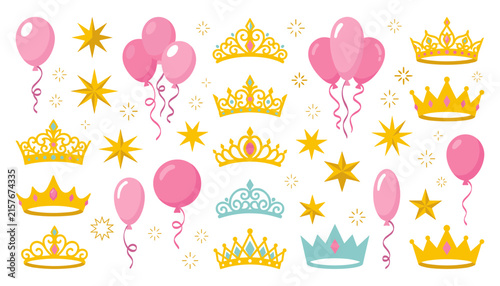 Princess Tiara and Crown Vector Illustration Set with Pink Balloons Gold Stars and Sparkle Elements for Birthday Party Invitation Graphic Designs