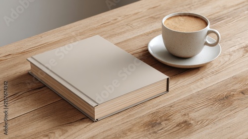 Minimalist coffee cup on wooden table, blank hardcover book mockup, cozy morning workspace still life background