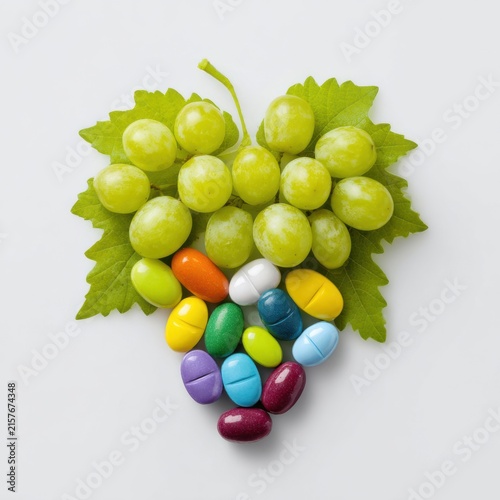 Fresh green grapes cluster on white background, juicy fruit still life, healthy snack and ingredient concept photo