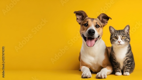 Cute puppy and kitten on yellow background, happy pet portrait, small dog and cat friendship for adoption marketing