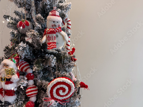 decorated christmas tree with snowman and santa, festive home decor, concept of retail, marketing, holiday, banner