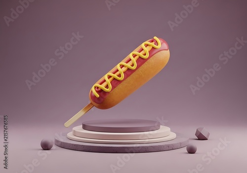 Hot dog with mustard flying in air on purple background