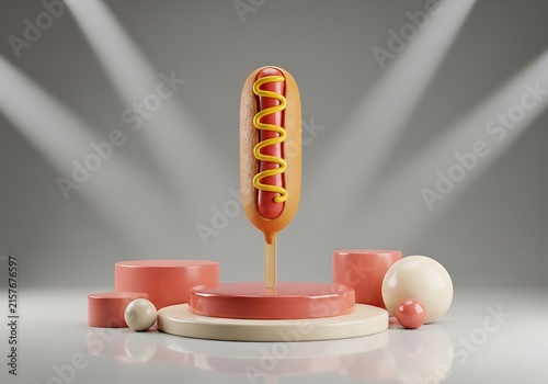 Hot dog with mustard on wooden stand under bright lights