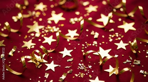 Golden Stars and Ribbons on Maroon Background for Celebration and Festivity Decoration