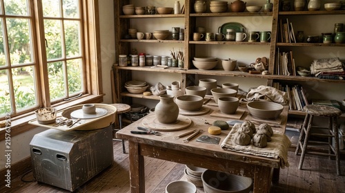 Traditional pottery atelier interior with clay tools and handmade earthenware