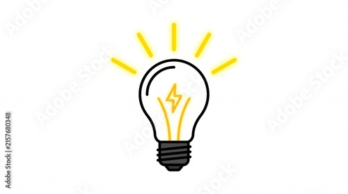 Lightbulb icon. Idea concept symbol. Minimalist bulb illustration. Creative inspiration with lightning bolt. Yellow and black.