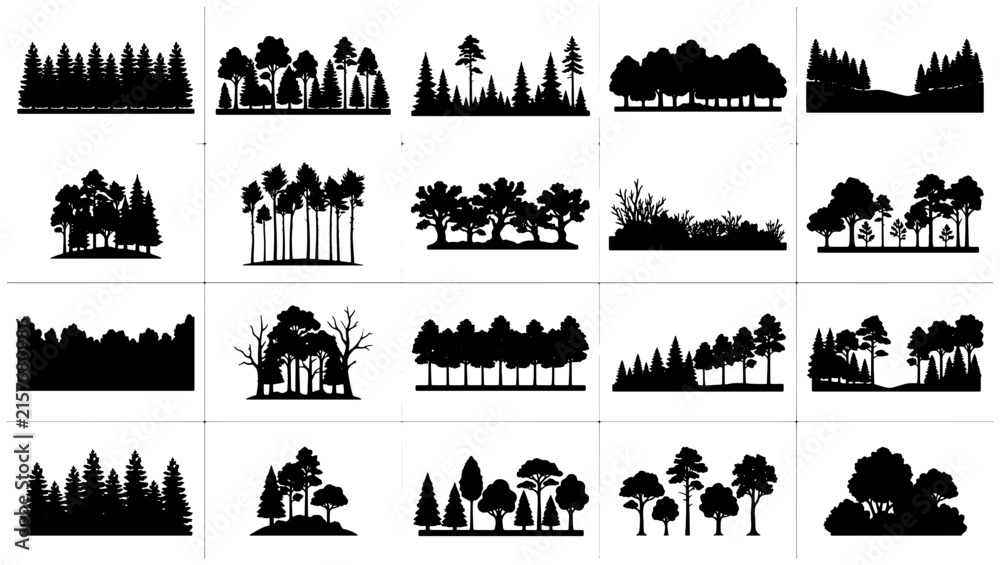 Fototapeta premium Set of black forest silhouettes featuring various tree types and woodland landscapes in vector graphic style