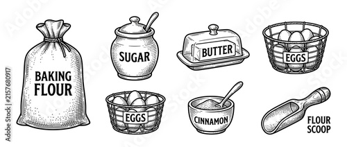 Baking Ingredients Collection Isolated Engraving Style