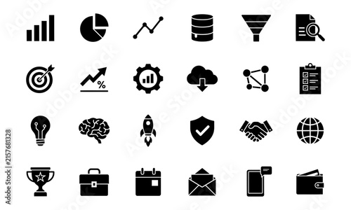Data Driven Silhouette Icon Set. Containing Analytics, Statistics, Research, Insights, Metrics, Dashboard, Reports, Business Intelligence, Strategy, Performance. Vector Illustration