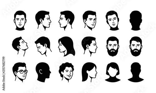 Set of diverse human head silhouettes showing different angles and facial expressions for graphic design