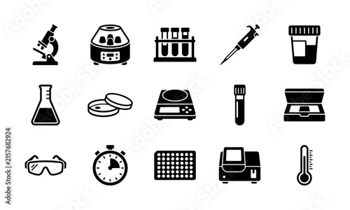 Set of black silhouette icons representing various laboratory equipment and scientific research medical tools