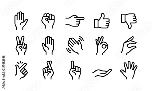 Collection of diverse hand gestures in simple line art style for design projects