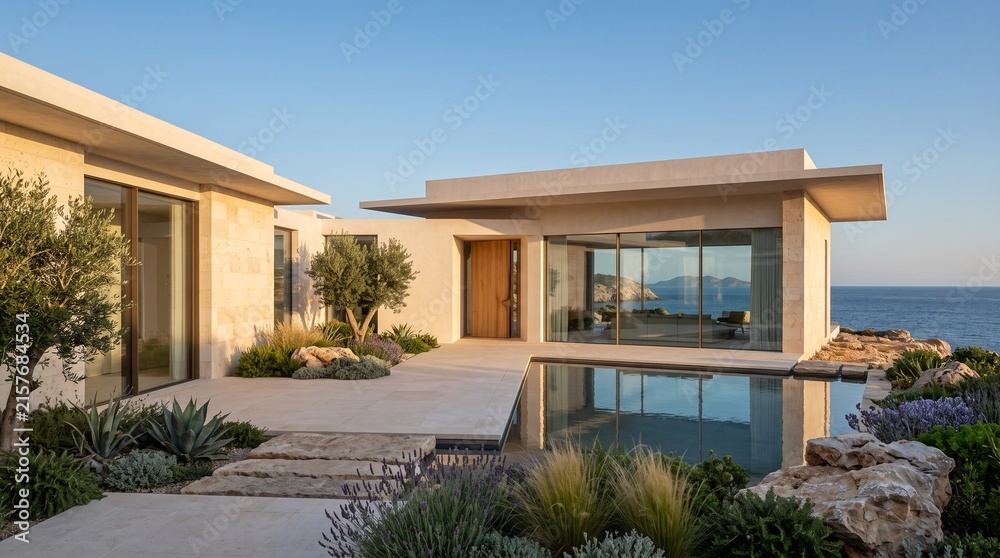 Fototapeta premium Modern Luxury Villa with Infinity Pool and Desert Landscape