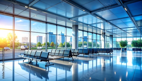 Modern office interior with glass walls and desks.