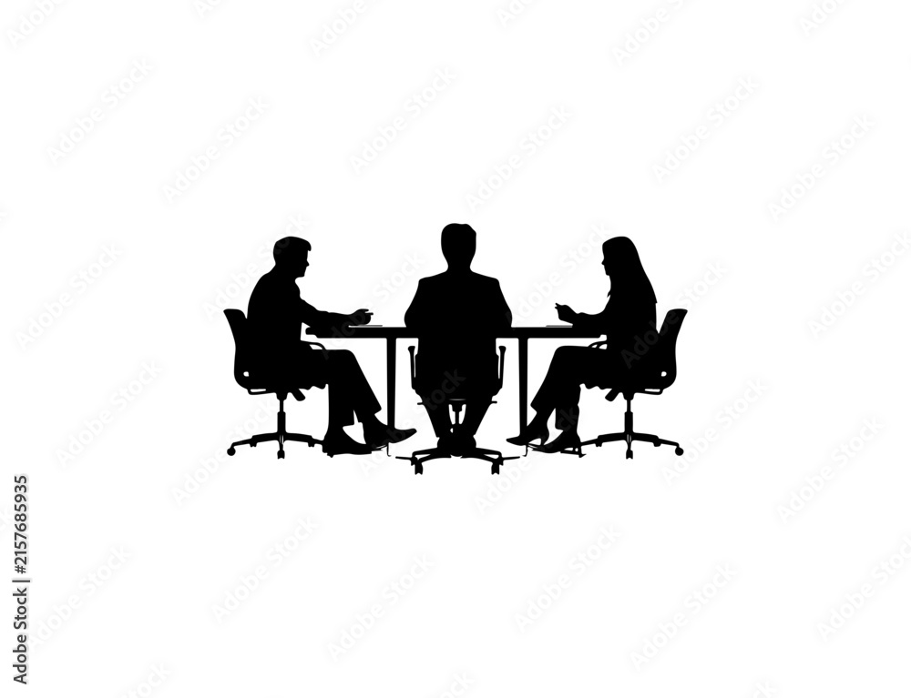 Fototapeta premium Three silhouetted professionals engaged in a formal meeting around a rectangular table with transparent background