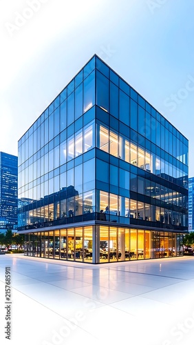 Modern glass pyramid building at dusk with reflections.