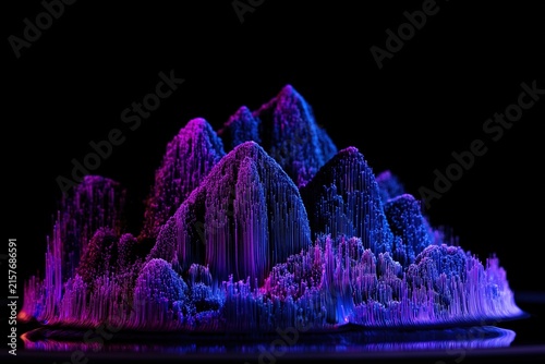 Purple neon sound wave crystal mountain data visualization 3D style