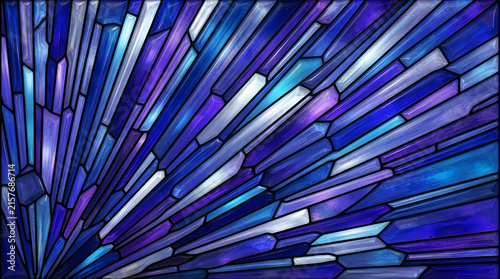 Vibrant indigo and blue stained glass texture with radiant light rays for modern design backgrounds