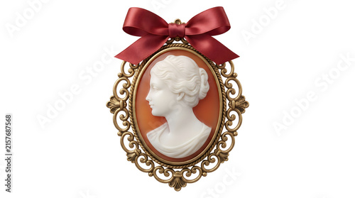 Classic cameo brooch in ornate gold frame with red ribbon bow
