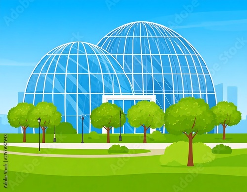 Modern geodesic dome greenhouse in lush garden setting.