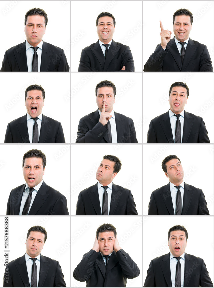 Fototapeta premium Businessman Facial Expressions Collage Set with Various Emotions and Hand Gestures on White Background