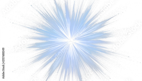 A dramatic burst of brilliant white and blue light exploding outward from a central core, sharp radiating beams with particle sparks scattering into the darkness, isolated on transparent background