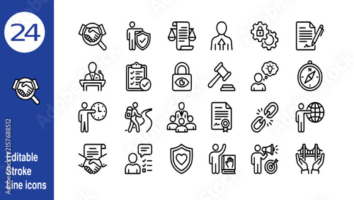 Obraz na plátně Corporate ethics and compliance icons set, 24 editable stroke line icons for bus