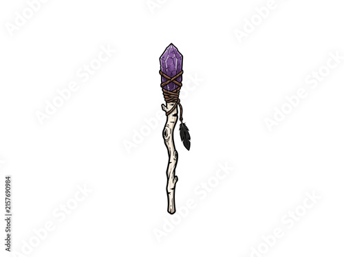 Cartoon illustration of a mystical wizard's staff or magic wand with a large, pointed purple crystal gem at the top, wrapped with rope and adorned with a dark feather, isolated on white