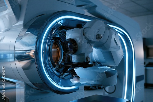 Advanced ophthalmic laser eye surgery machine with digital biometric tracking display inside a luxury private clinic suite