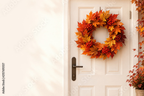 Autumn leaf wreath decorates a white door. Space for text.