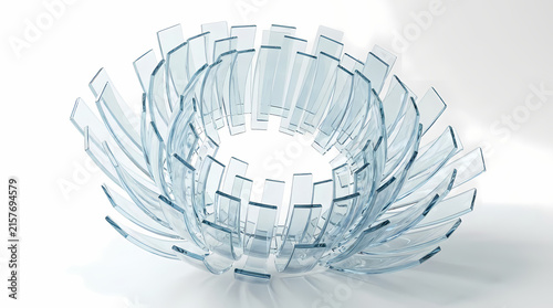 A futuristic glass sculpture resembling a blooming flower rests on a white surface.