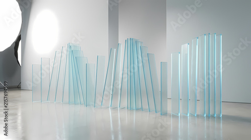 An eclectic collection of clear glass pillars and rectangular blocks stands in a minimalist room.