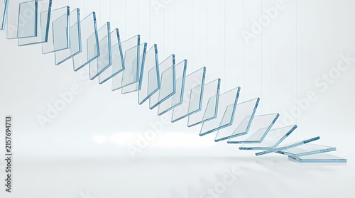 A series of transparent glass squares descends in a diagonal line against a white backdrop.
