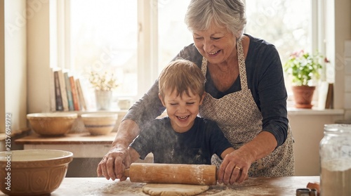 Grandmother and Little Boy Rolling Dough Together in Cozy Kitchen Stock Photo
