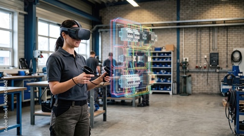Adult learner practices electrical systems in safe VR simulation