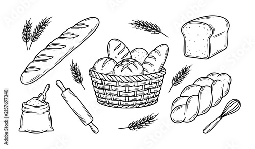 Obraz na plátne Hand drawn bakery collection featuring assorted bread loaves rolls wheat stalks