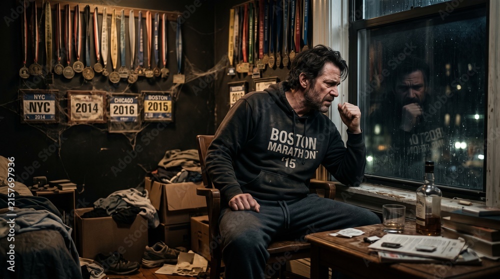 Naklejka premium Man wearing boston marathon hoodie sitting in his home office