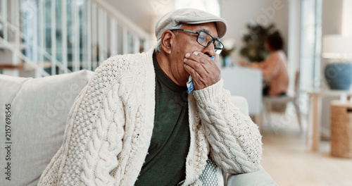 Photography Sick, old man and cough at house with handkerchief, congestion and chest irritation from flu
