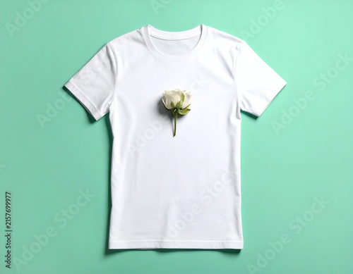 White t-shirt flat lay with white rose.
