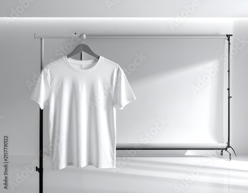 White t-shirt hanging in professional studio set.