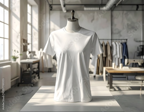 White tshirt mockup on mannequin in clothing workshop