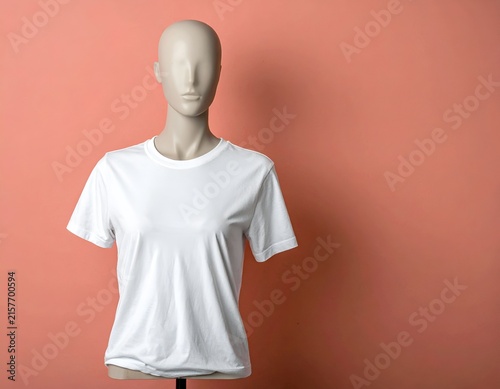 White t-shirt on female mannequin pink background