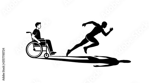 Silhouette of an athlete in motion casting a long shadow while a person in a wheelchair looks on conveying a powerful message of ambition and aspiration towards achieving athletic goals and