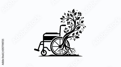 A symbolic black and white silhouette artwork depicting mobility equipment merging gracefully with growing tree branches and flourishing leaves representing healing recovery and vitality through