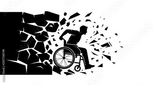 A determined person using a mobility device breaks through a heavy barrier symbolising resilience and triumph over personal challenges and physical obstacles during daily life struggles