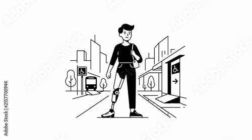 A disabled person with a prosthetic limb standing outdoors in a city street showcasing urban accessibility features and inclusivity for physically impaired citizens moving through the town