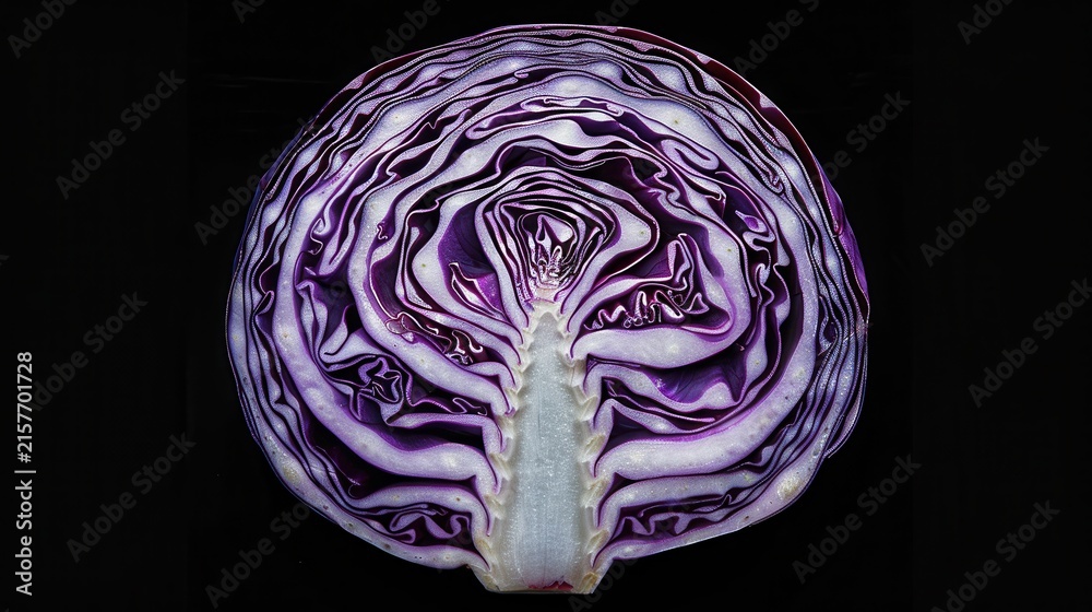 Obraz premium Cross section view showing intricate natural patterns inside fresh organic red cabbage vegetable half with displays perfectly centered cabbage
