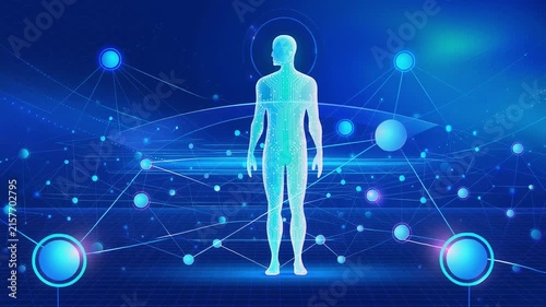 Futuristic digital human network with glowing connections and technology concept in blue background